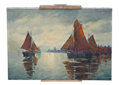 Öl auf Leinwand signiert - Jean Peter Mohren   Hafen mit Segelbooten Ölbild