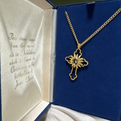 Vintage TM Nativity Stone Holy Land Relic Bethlehem Cross Pendant Medal w/COA