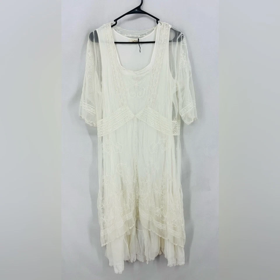 Nataya Ivory Mesh Embroidered Layered Midi Dress Boho Vintage Women’s Large - Image 2 of 4
