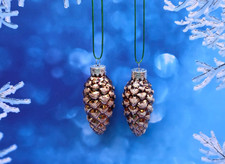 set 2 New Brown Snow capped blown glass pine cone Christmas Ornament 2.5 " tall