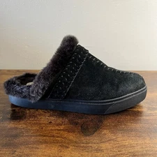 Lands' End Slip On Clogs 7 Womens Black Faux Fur Lined Fleece Winter Suede Shoes