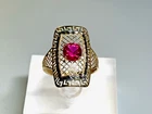 Ring Gold Yellow White 14ct Red Crystal Stone Filigree Cocktail Size S