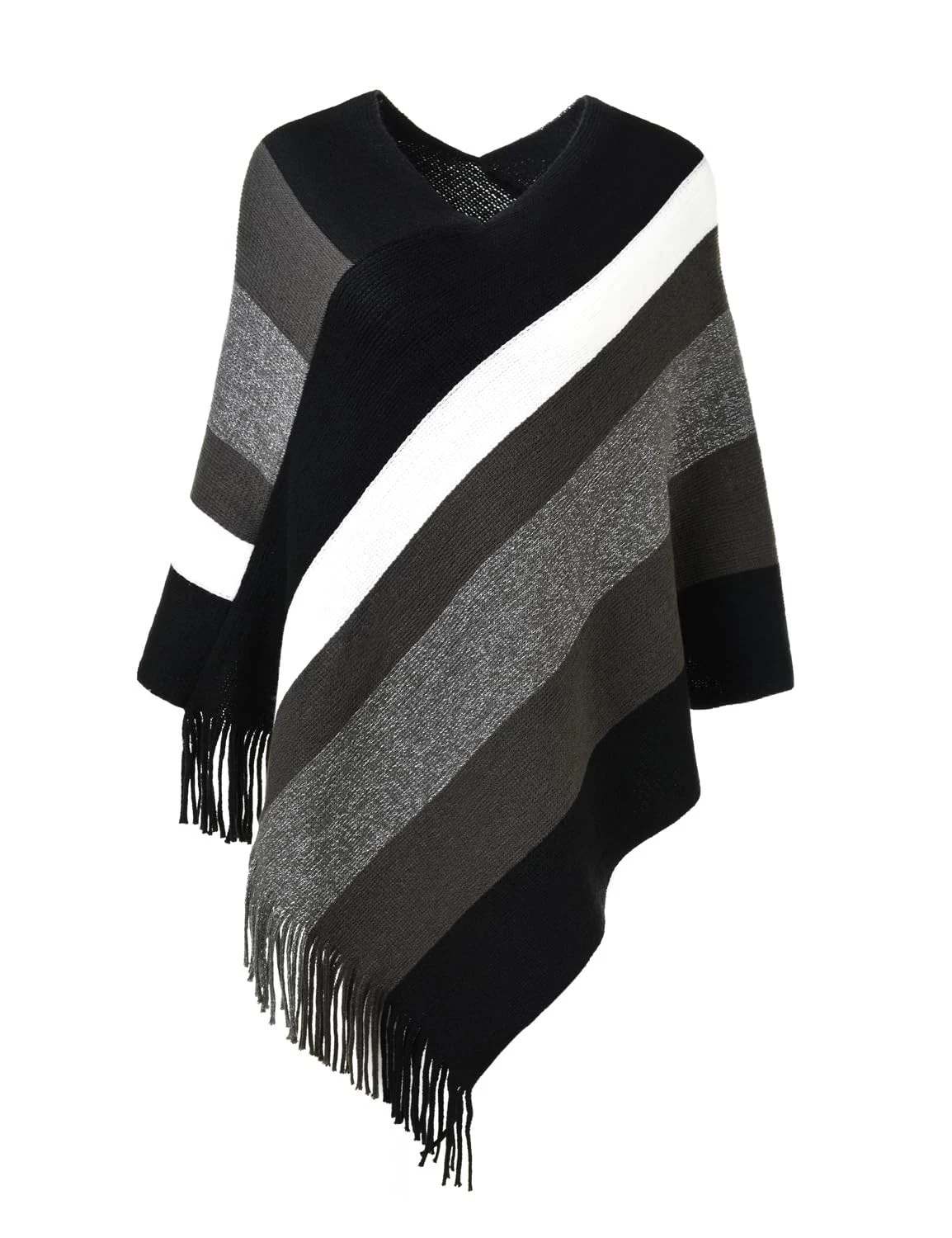 Womens Striped Poncho Sweater Cozy Knit Fringe Shawl Wraps Fall