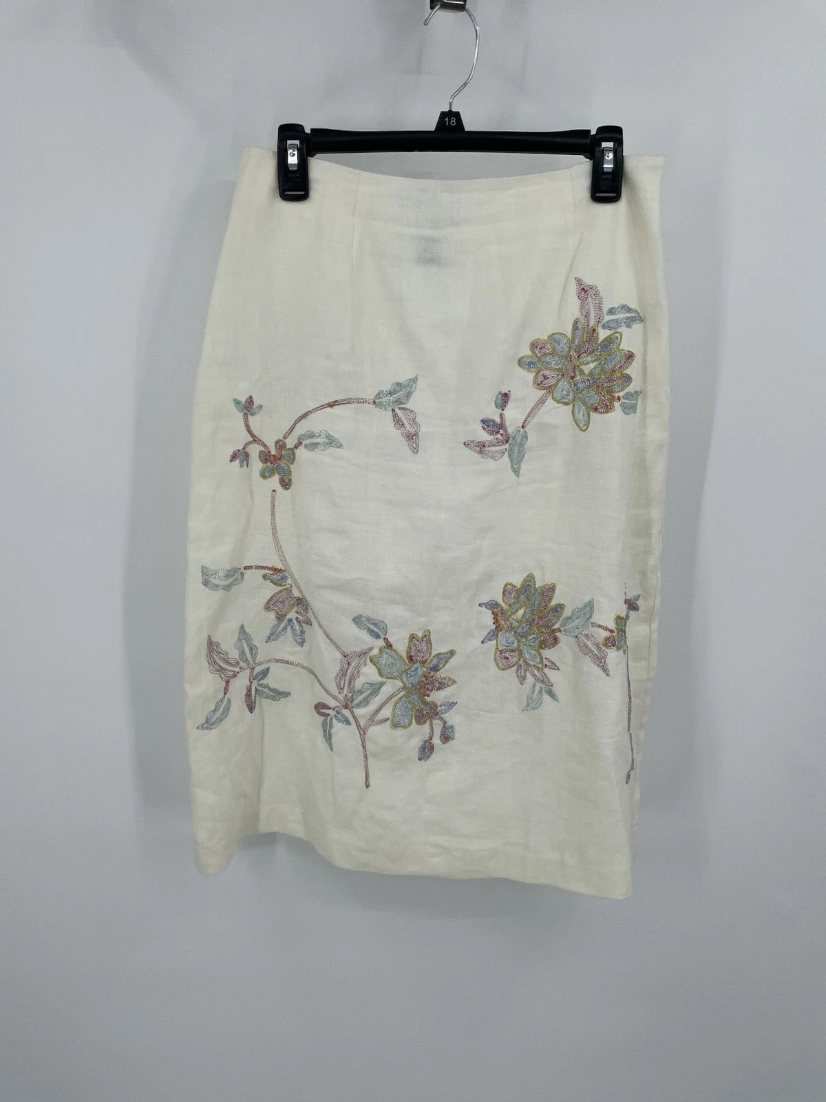 White Linen Skirt Metallic Thread Embroidery Sz 10 Fairy Whimsy Coastal Wedding