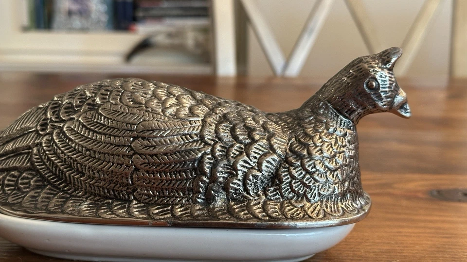 Plato de mantequilla cubierto Pottery Barn? ¿Peltre de faisán? Decoración Cerámica Godinger ¡LEER! Foto 4 de 4