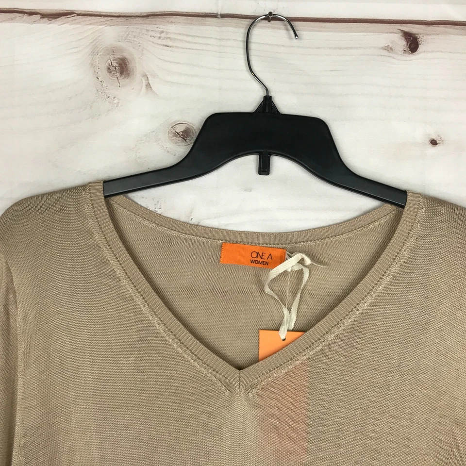 One A Sweater Womens 2X Beige V-Neck Ruched Side Pullover Tunic Solid Rayon Knit - Image 2 of 4