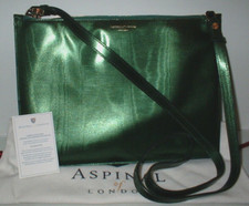 ASPINAL OF LONDON EMERALD GREEN LEATHER CLUTCH BAG/CROSS BODY BAG LONG STRAP NEW