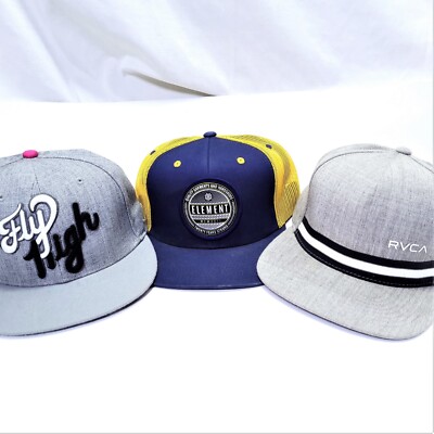 Vintage ELEMENT CROWNS RVCA TRUKFIT FLY HIGH Skateboard Hat Cap 3 Lot GREY BLUE