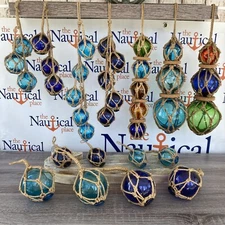 Glass Fishing Floats On Jute Rope - Red, Blue, Aqua, Green - Nautical Wall Decor