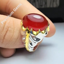 Natural 12 Carat Yemeni Brown Aqeeq Mens Ring Sterling Silver 925 Handmade