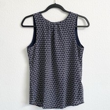 H M Women's Dark Blue Fan Print Tie Back Double Layer Tank Top Blouse Size 4 EUC