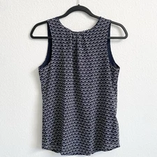 H&M Women's Dark Blue Fan Print Tie Back Double Layer Tank Top Blouse Size 4 EUC