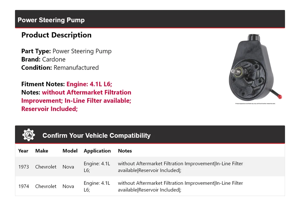 Насос гидроусилителя руля Cardone для 1973-1974 Chevrolet Nova 4,1 л L6 - Изображение 2 из 4