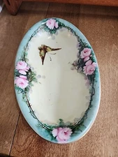 Vintage KPM Porcelain Dish with Pink Cabbage Roses and Butterfly...