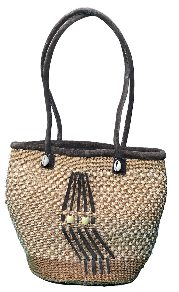 Vintage Straw Bucket Purse Handbag Bag Suede Straps Beads Cowrie