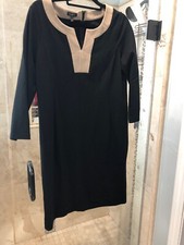 TALBOTS Women Black Tan Ponte Knit Sheath Dress 10 Classic V-Neck Long Sleeve