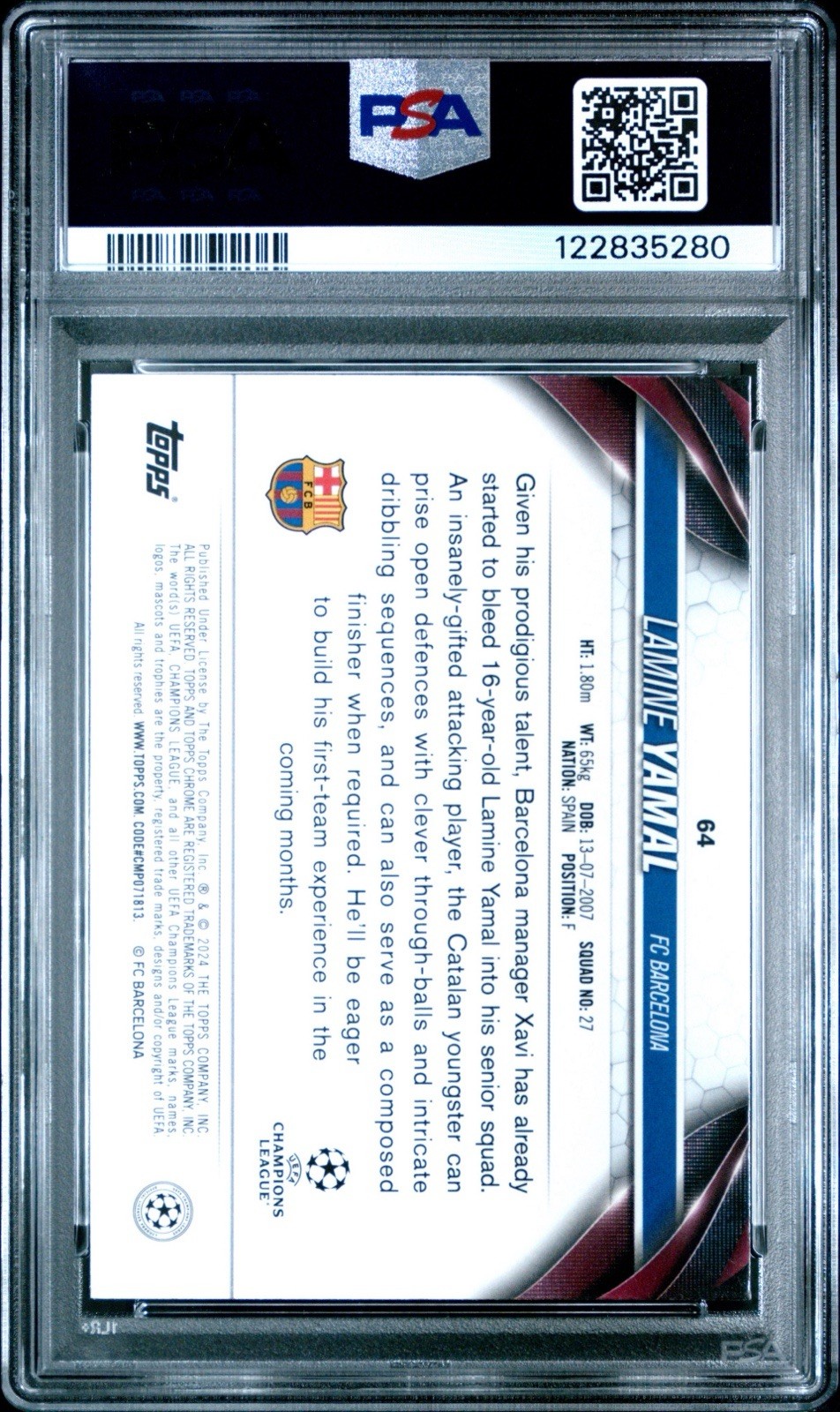 Topps Chrome UCC 2023-24 Lamine Yamal RC Rookie #64 FC Barcelona PSA 8 SSP SPAIN view 2