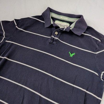 American Eagle Striped Polo Shirt Navy Blue White Coastal Preppy 2010s