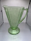 Jeanette Poinsettia Green Depression Uranium Glass Pitcher 32oz 7.5”