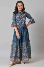 Girls Blue Floral Printed Top Tiered Skirt Set Cute Summer Party Wear Outfit