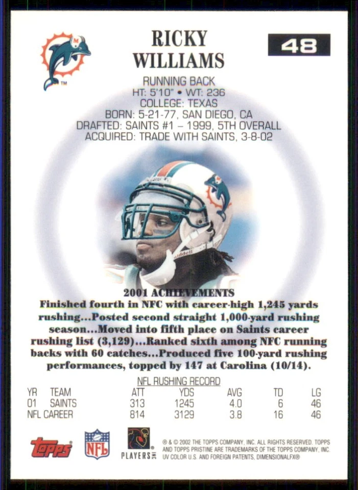 2002 Topps Pristine #48 Ricky Williams - Image 2 of 2