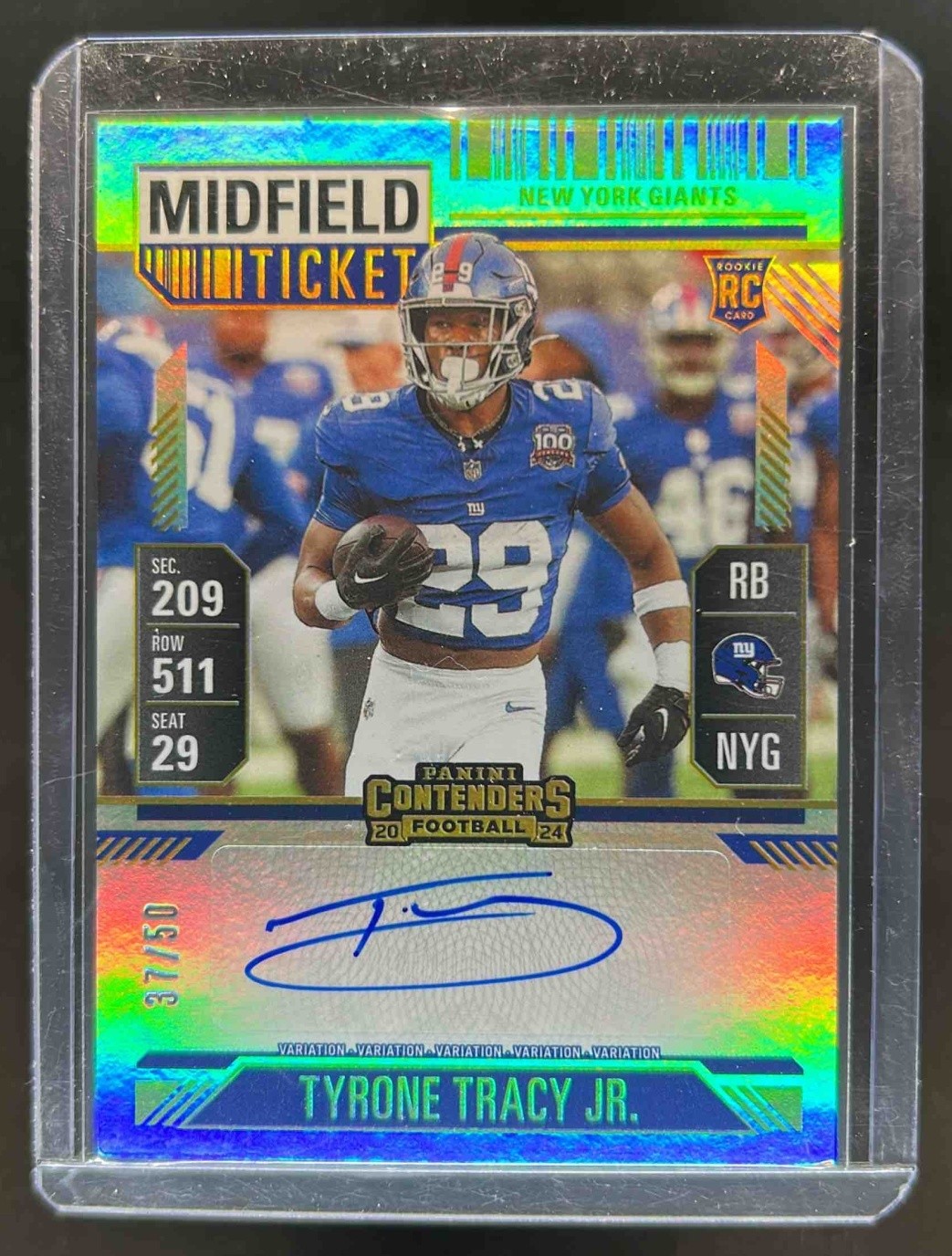 2024 Contenders Tyrone Tracy Jr. Rookie Ticket Variation Auto RC Midfield #37/50