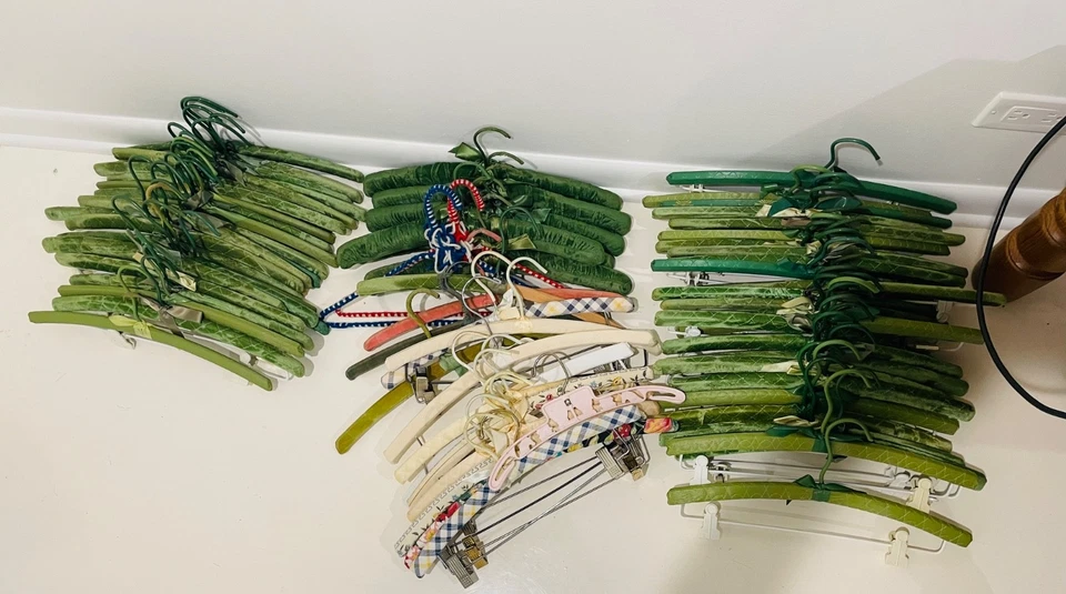 Vtg 60s/70s Hangers. Padded Fabric, Wood, Vinyl, Crochet. Model Home. - Image 2 of 4