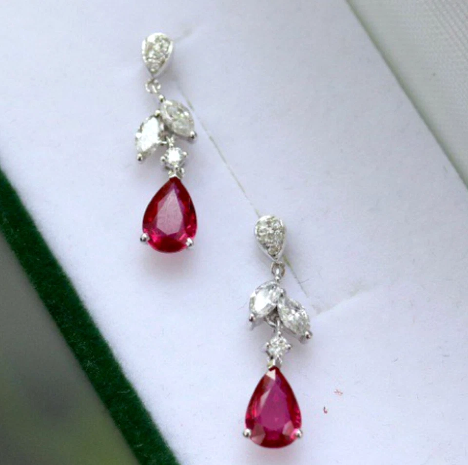 Ruby Dangle Earrings Moissanite 925 Sterling Silver Earrings Gift For Women - Image 3 of 4