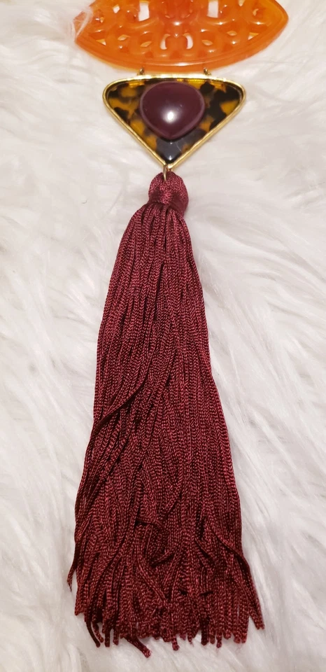 Chico's Statement 18 Inch Burgundy Tassel Necklace W/ Orange & Cheetah Pendants - Image 4 of 4