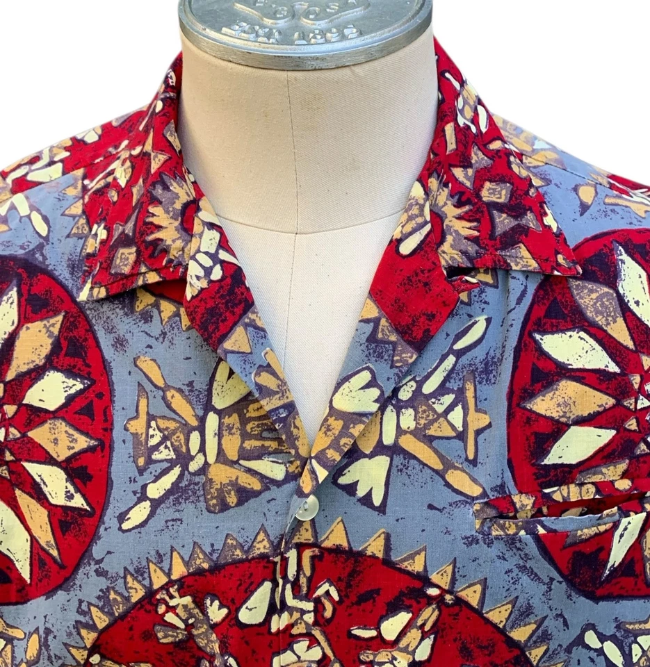 Vintage 50s/60s Men's SS Polynesian Tapa Inspired Print Aloha Shirt - Sz L - Image 2 of 4