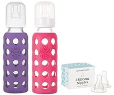 Lifefactory 9oz Glass Baby Bottle 2pk with 2 Stage 3 Nipples Grape/Raspberry