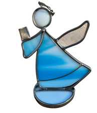 Stained Glass Angel Ornament Blue White Iridescent Handmade Holiday Suncatcher