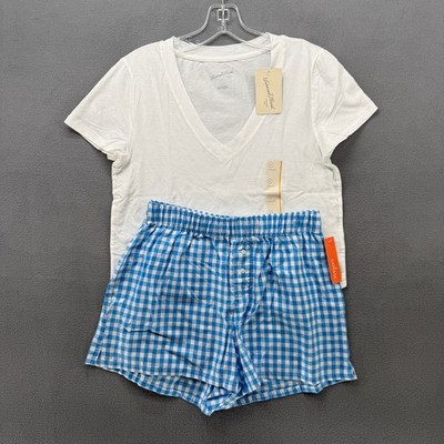 NWT Universal Thread White V-Neck Tee & Colsie Gingham Pajama Shorts Set Small
