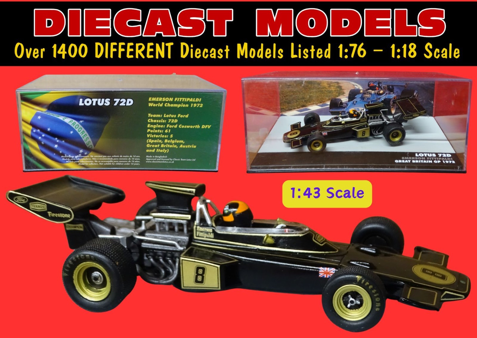 Lotus 72D F1 Rennwagen Emerson Fittipaldi 1972 GB Grand Prix Maßstab 1:43 Modell