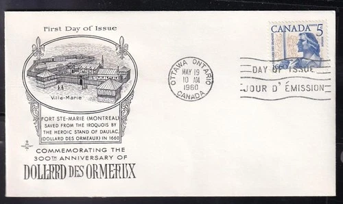 Canada FDC 1960 Montreal Battle of Long Sault-Dollard, unaddressed RC sc#390