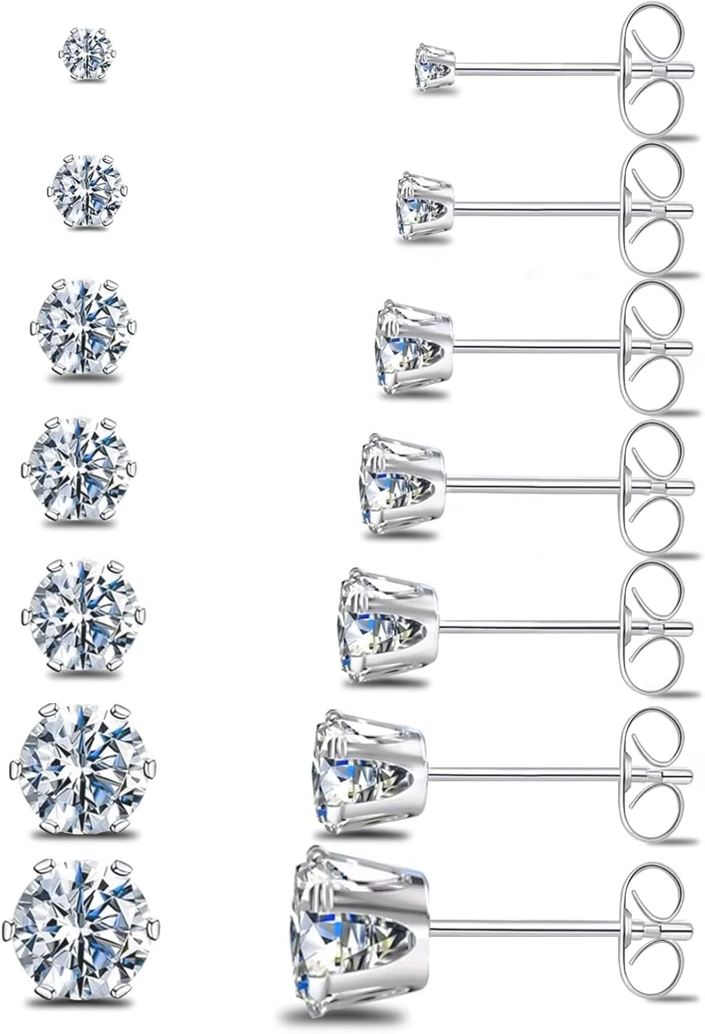 Silver Gold Black Stud Earrings Set 7Pairs Hypoallergenic Cubic Zirconia Titaniu