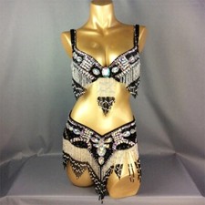 Women's Beaded Sequins Belly Dance Costume Wear BRA BELT 2pc Set Showgirl Lady