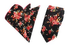 Men's Skinny Handkerchief Tie Cotton Floral Necktie Pocket Square Set Top