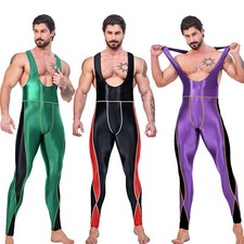 AMORESY Men Shiny Glossy Bodysuit Jupsuits One Piece Sportswear Fitness Overalls