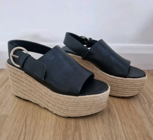 Zara Black Flat Form Sandals Size 39 Uk 6 Slingback Espadrille Peep Toe