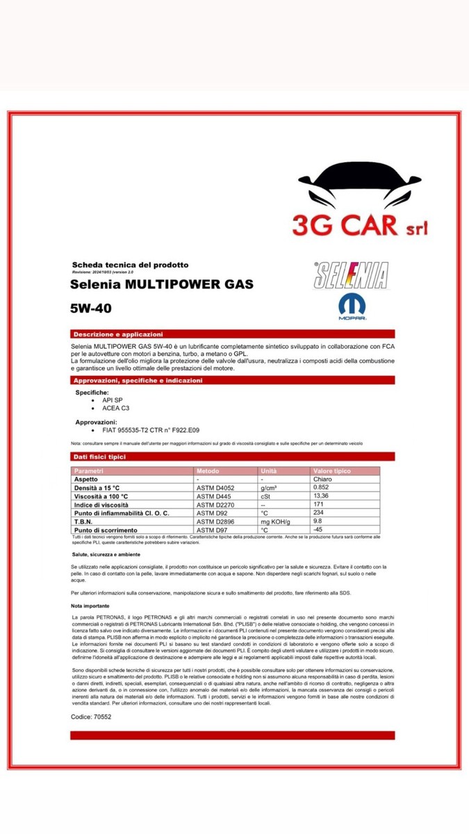 6 LT. OLIO MOTORE SELENIA MULTIPOWER GAS ORIGINALE 5W40 MOPAR AUTO GPL METANO - Foto 9
