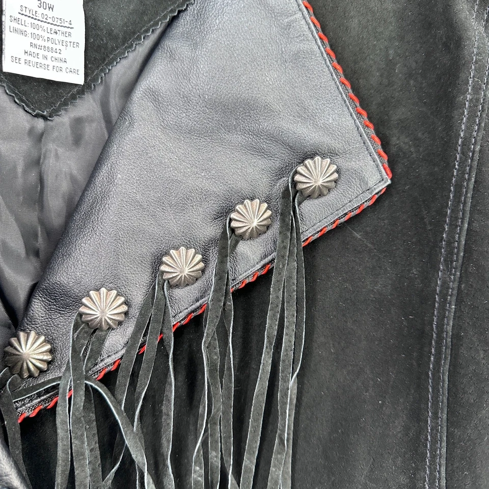 Chaqueta de cuero de gamuza con flecos occidentales Roamans para mujer talla grande 30 W negra roja Foto 4 de 4