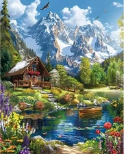 Mountain Paint by Numbers for Adults-Paint by Number Cabin on Canvas without Fra