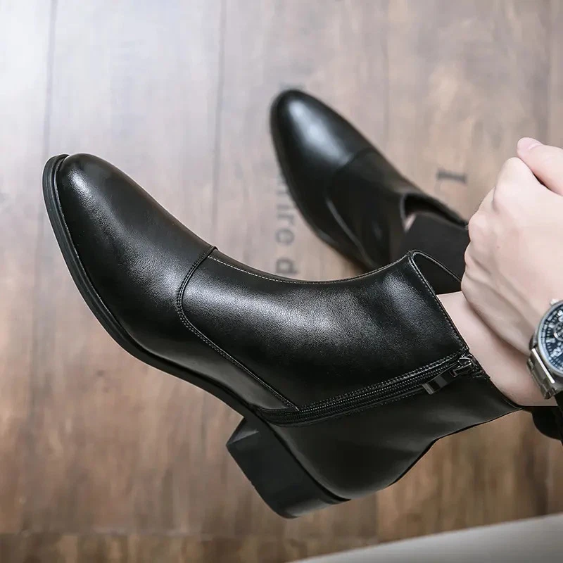Vestido formal masculino biqueira pontiaguda com zíper lateral business tornozelo botas salto bloco couro ecológico - Imagem 3 de 4
