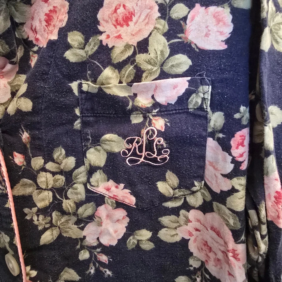 Camisón Lauren Ralph Lauren Floral XL Azul Marino Rosa Rosas Abotonado Foto 2 de 4