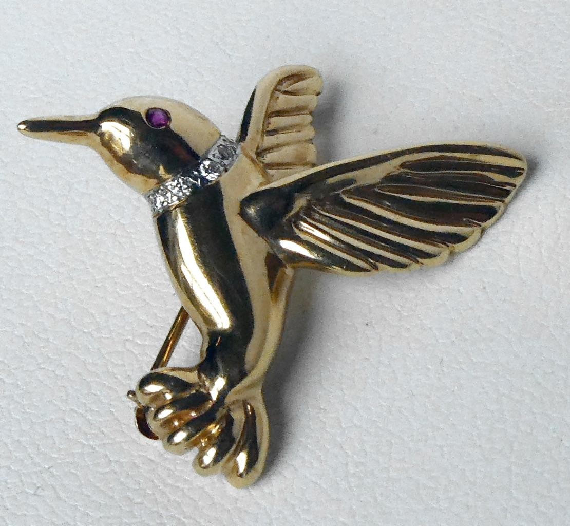 14K Solid Gold Diamond Ruby 3D Hummingbird Bird I… - image 1