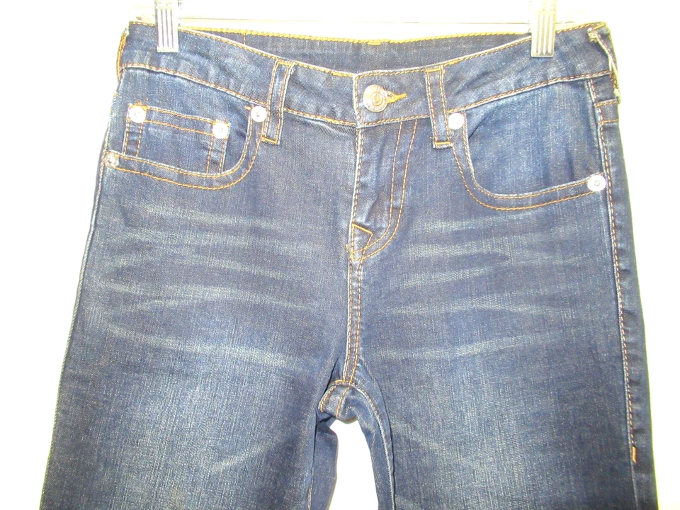 Jeans True Religion Youth unissex tamanho 14 perna reta lavagem escura desgastada - Imagem 2 de 4