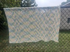 Vtg Handmade Crochet Baby Blanket Pink Green Yellow White Tassel 48 X 28
