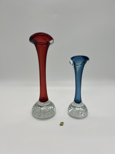 Pair Of Vintage MCM Aseda Sweden Bone Vases Blue Red Bullicante Jack In Pulpit - Picture 3 of 10