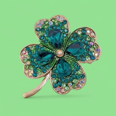 LUCKY GREEN FOUR-LEAF CLOVER BROOCH crystal shamrock pin St. Patrick's Day O3